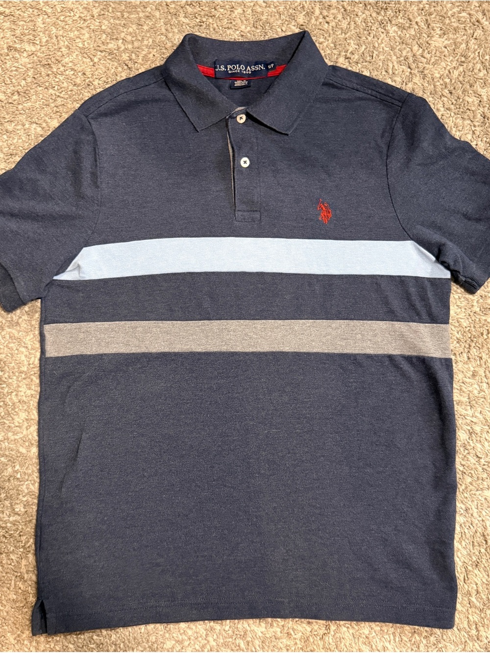 U.S. Polo Assn. Navy Polo with Light Blue and Gray Stripes